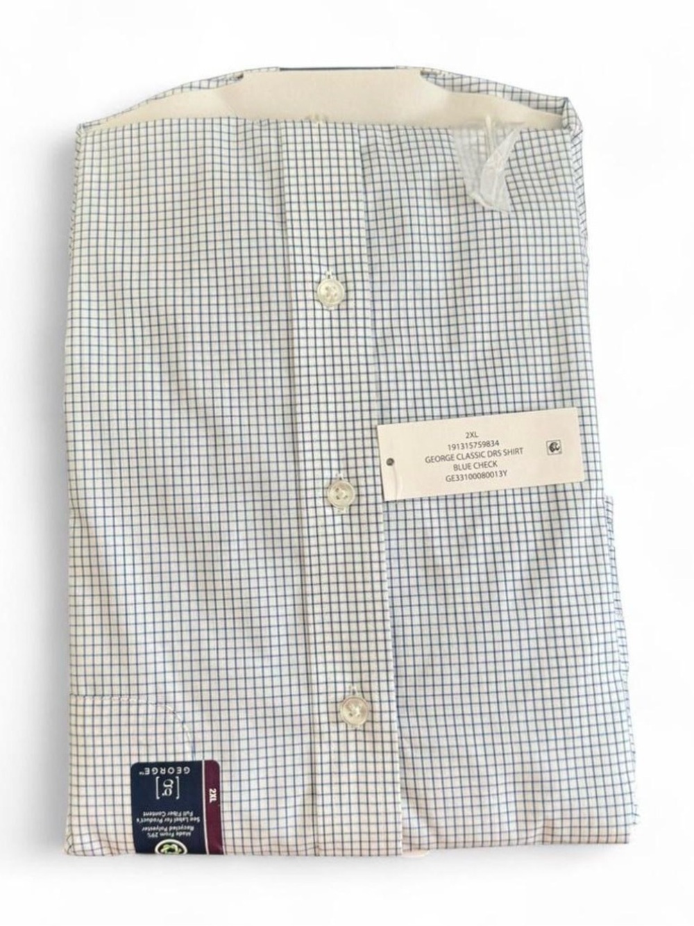 George Mens 2XL 50-52 Blue White Check Long Sleeve Dress Shirt Wrinkle Resistant - Picture 6 of 12